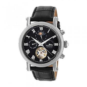 Heritor Winston Automatic Semi-Skeleton Leather-Band Watch - Black & Silver