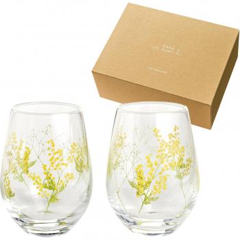 Toyo Sasaki Hanafumi Glass Tumbler Set (360ml, Gypsophila & Mimosa Patterns, Dishwasher Safe) - 2 Pieces