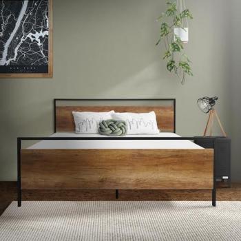 Cama metálica individual 140x200 cm negra con cabecero y piecero de madera marrón, diseño industrial-rústico