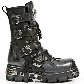 New Rock Flame Accented Black/Silver Leather Boots - Model 591-S2, Size US 8 (EU 39)