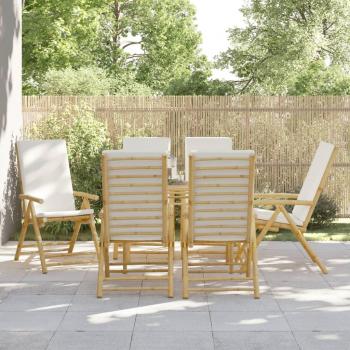 vidaXL 6 Piece Folding Reclining Chairs Set with Cream White Cushions in Bamboo