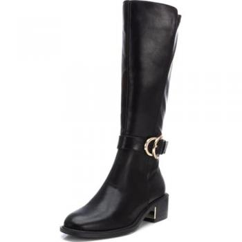 Bota alta mosquetera vegana para mujer con cierre de cremallera, color negro, talla 40