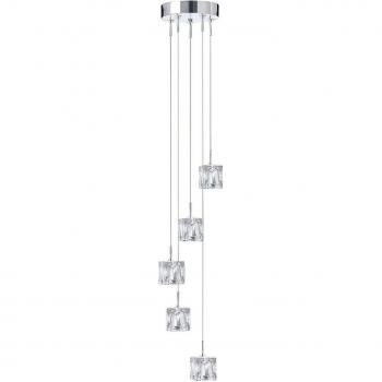 Lámpara colgante Ice Glass, 5 bombillas, metal cromado, cristal transparente, longitud 116 cm