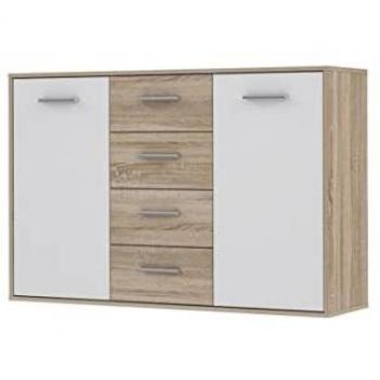 Aparador Bajo PILVI - 2 Puertas y 4 Cajones - Blanco y Roble Sonoma - L 122,6 x P 34,2 x H 81,1 cm