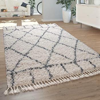 Alfombra Shaggy Moderna Rectangular 80x150 cm, Diseño de Rombos en Crema y Azul, Pelo Largo 54 mm con Flecos