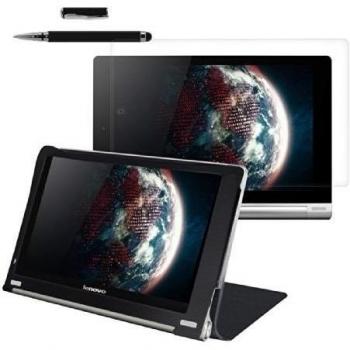 kwmobile 3en1:Elegante funda de cuero sintético para Lenovo Yoga Tablet 10 en negro con una práctica FUNCIÓN DE SOPORTE + Lámina, transparente + Stylus, negro