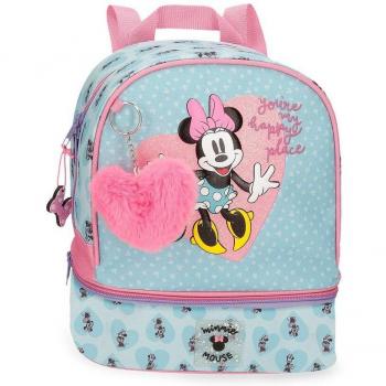 Mochila Infantil Disney Minnie My Happy Place con Porta Merienda, Color Azul y Rosa, Dimensiones 23 cm x 28 cm x 13 cm, Fabricada en Poliéster