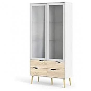 Vitrina Multiusos con Dos Puertas de Cristal Batientes y Cuatro Cajones, Color Blanco y Roble, Medidas 98 x 200 x 39 cm, Embalaje Reforzado