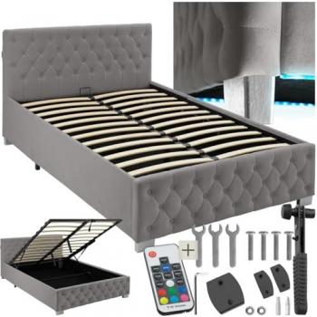 Cama Tapizada de Terciopelo con Iluminación LED y Espacio de Almacenamiento - 129x215 cm - Estilo Chesterfield