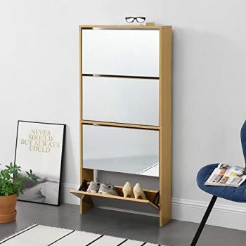 Zapatero con Espejo Vogar de 4 Compartimentos, 134 x 63 x 17 cm, Color Haya, Almacenamiento para hasta 12 pares de calzado