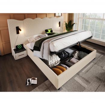 Cama Contenedor 160x200cm en Pana Beige con Luz de Lectura y Función de Carga - Incluye Somier