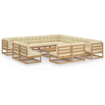 Set de muebles de jardín 14 piezas con cojines en madera de pino color marrón miel