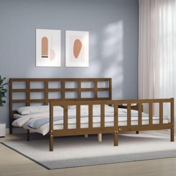 Estructura de cama y cabecero de madera maciza en color marrón miel, dimensiones 200x200 cm