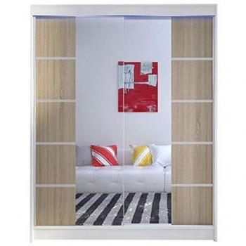 Armario Corredero Atlanta 146 Blanco con Espejo, 150x200x58cm, 5 Estantes