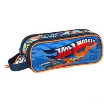 Estuche doble Portatodo Hot Wheels Challenge de Safta con diseño temático, compartimentos dobles, cierre seguro, material resistente y dimensiones adecuadas para el transporte de útiles escolares