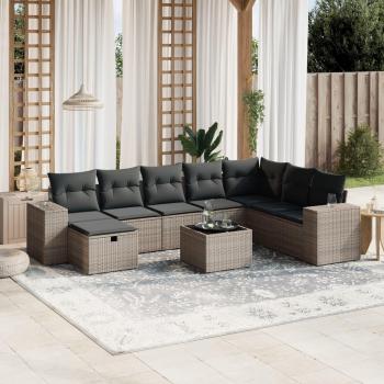 9-Piece Grey Poly Rattan Garden Sofa Set with Cushions