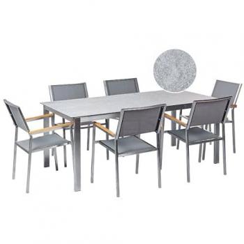 Conjunto de Jardín Moderno 6 Plazas Acero Inoxidable Mesa con Tablero de Vidrio y Sillas Textileno Grises