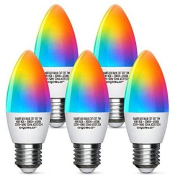 Aigostar Bombilla LED inteligente WiFi vela C37, 7W, E27 rosca gorda, RGB + CCT. Regulable multicolor + luz cálida o blanca 3000 a 6500K. Compatible Alexa y Google Home.Pack 5 uds