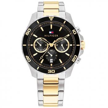 Reloj para Hombre Tommy Hilfiger Jordan 1792095 - Reloj analógico, caja de acero inoxidable, correa de cuero negro, esfera blanca con detalles en azul y rojo, resistencia al agua hasta 50 metros