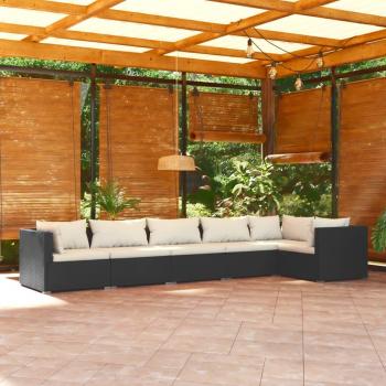 vidaXL 6-Piece Black Poly Rattan Garden Lounge Set with Cushions