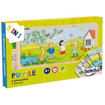 Puzzle de madera 4 estaciones Beleduc con capas, incluye ilustraciones coloridas de las cuatro estaciones, diseñado para desarrollar habilidades motoras y cognitivas en niños, fabricado con materiales seguros y duraderos