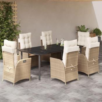 7-Piece Beige Poly Rattan Garden Dining Set with Cushions
