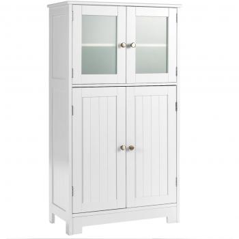 Costway Armario del Baño Organizador Multiuso Antivuelco con 4 Puertas de Vidrio Repisas Regulables para Salón Cocina Pasillo Blanco 58 x 30 x 109 cm