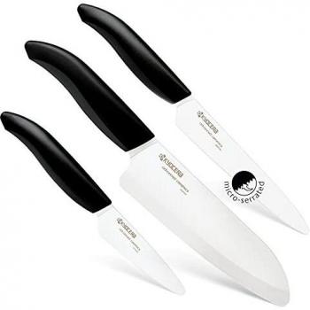 Juego de 3 cuchillos de cerámica Kyocera - Serie Revolution: incluye cuchillo de chef de 15 cm, cuchillo microserrado de 12.5 cm y cuchillo pelador de 7.5 cm; mang