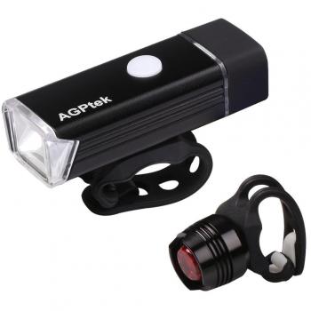 Conjunto de faro Delantero y Trasero, -AGPTEK LC01 Frontal Luz Recargable y Luz Trasera a pila combinaciones impermeables LED Bicicleta Luces Set, Color Negro.