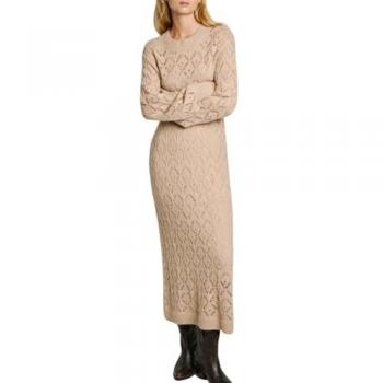 Vestido Midi de Punto Calado con Cuello Redondo y Manga Larga Hailey Beige para Mujer - Pepe Jeans 2024