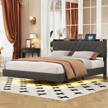 Cama Doble 160x200cm con Carga USB y Luz LED Cambiante, Tela de Lino Gris