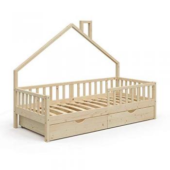 Cama en Forma de Casa Noemi, Madera Natural, 90x200 cm con 2 Cajones y Protección Anticaída