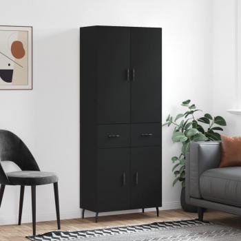 Aparador alto de madera contrachapada negro 69,5x34x180 cm con 2 puertas y 2 cajones, mueble de almacenaje para salón, buffet y armario auxiliar