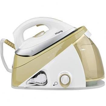 H.Koenig V28 Centro de Planchado, 2400W, 6 Bares, Suela de Cerámica Easyglide, Autonomía Ilimitada, Depósito de agua extraíble 1.1L, Control Manual de la Temperatura, Blanco/Dorado