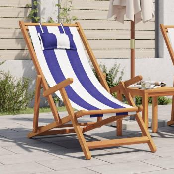 Silla playa plegable de madera maciza de eucalipto con tela azul y blanca Vidaxl