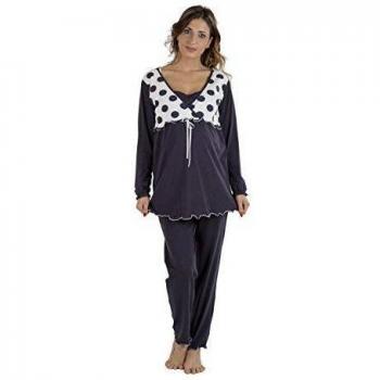 Pijama Blu para Premamá, Largo, con Fiocco, de Algodón Bielástico, Pre-Post Parto - Talla III (S)