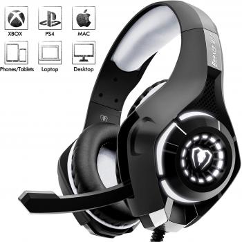 Beexcellent Cascos Gaming Stereo con Micrófono con la Luz LED Bass Surround Soft Memory Earmuffs Cancelación de Ruido para PS4 Xbox One Laptop PC