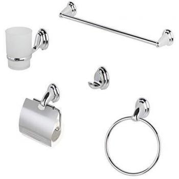 Set de Accesorios de Baño Facile 5 Piezas en Cromo y Vidrio Satinado con Soporte de Acero
