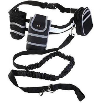 ULTNICE Extendido hasta 75 pulgadas manos libre perro correa, correa elástico perro reflexivo con Copa bolsa teléfono móvil bolsa - soporta menores 44 lb negro