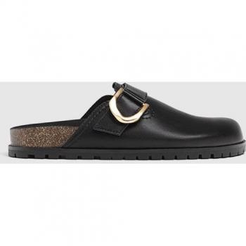 Stradivarius Leather Clogs with Buckle Details in Black