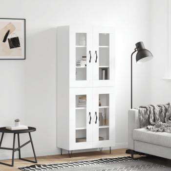 Aparador alto de madera contrachapada blanco brillo 69,5x34x180 cm con 2 puertas de cristal, mueble de almacenaje para salón, buffet y armario auxiliar