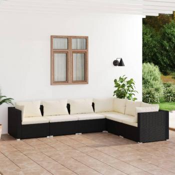 6-Piece Black Poly Rattan Garden Lounge Set with Cushions