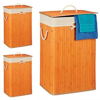 Set de 3 Cestos de Ropa Sucia Plegables Rectangulares con Tapa de Bambú, 83L, Naranja - Relaxdays