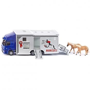 siku 1942 Camión para caballos, 1:50, Metal/Plástico, Azul/Gris, Incl. 2 caballos de juguete, Techo desmontable