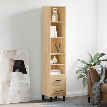 Aparador alto de madera contrachapada roble Sonoma 34,5x34x180 cm con 2 cajones y 2 estantes, mueble de almacenaje para salón, buffet y armario auxiliar