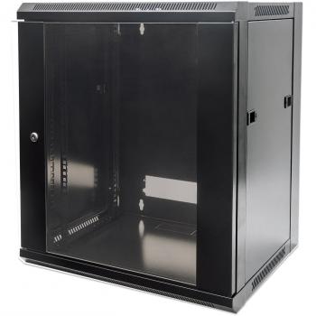 Gabinete de red montado en pared Intellinet 9U negro RAL 9005, profundidad útil 410 mm, capacidad máxima 60 kg, puerta de metal y vidrio, panel trasero removible