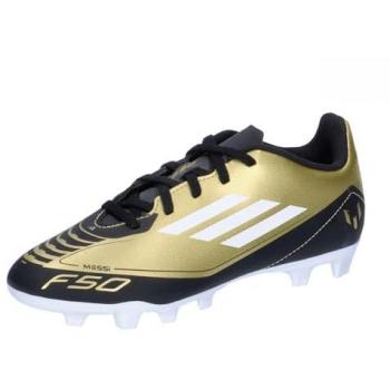 Zapatillas de fútbol Adidas F50 Club Messi, diseño para velocidad y estilo, características: suela flexible para césped artificial, color Oro/Blanco/Negro, talla 43 EU