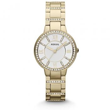Fossil Reloj de pulsera para Mujer ES3283, diseño elegante y moderno, caja de acero inoxidable, correa de cuero marrón, resistencia al agua hasta 50 metros, esfera en tono dorado con detalles en cristal,