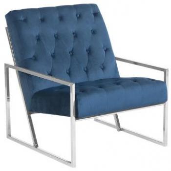 Sillón de terciopelo azul oscuro con estructura de metal plateado y respaldo acolchado estilo glamour Harstad