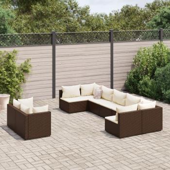 9-Piece Brown Poly Rattan Garden Sofa Set with Cushions